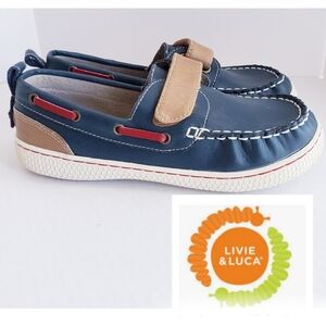 EUC Livie & Luca Boys Youth 3Y Navy Brown Red Leather Boat Shoes Loafers RARE
